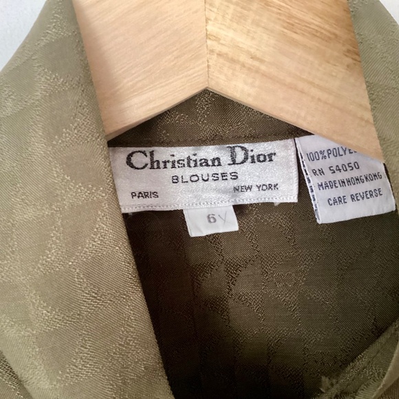 Christian Dior Vintage Olive Green Neck Bow tie Blouse size 6 Logo Old Money - Picture 9 of 16